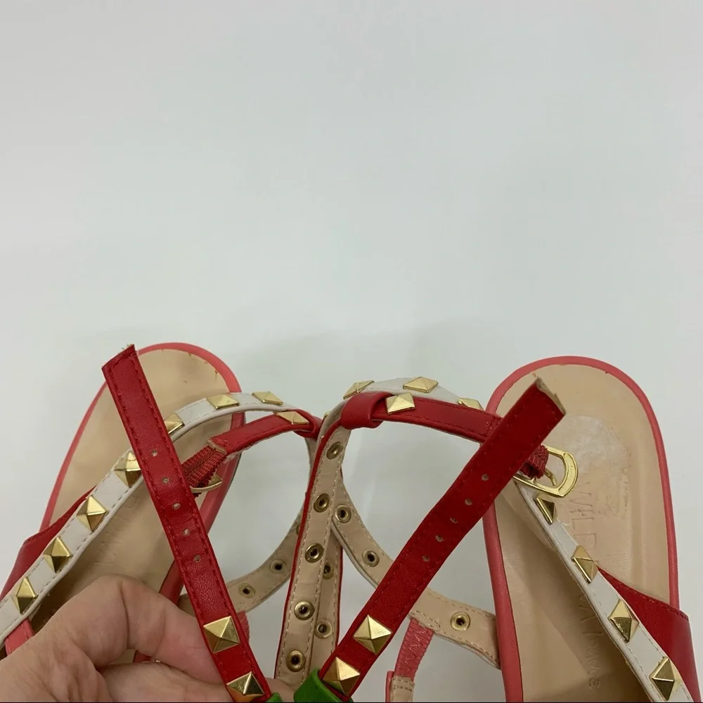 Wild Diva Lounge Red Pink Green White Colorblock Gold Studded T-Strap High Heels